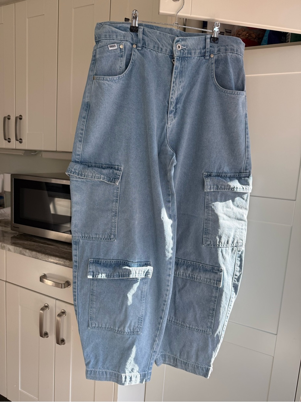 Light Wash Denim Cargo Pants - Casual Utility Style
